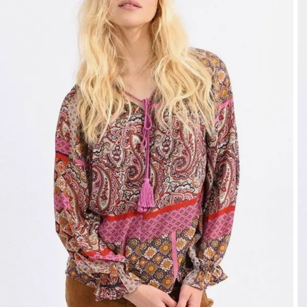 Molly Bracken pink multicolor Long Sleeve Blouse Size S Mock Neck Boho